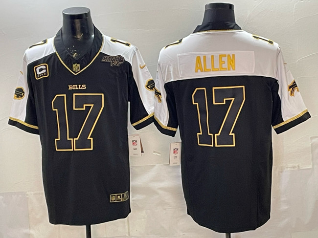 Men's Buffalo Bills #17 Josh Allen Black Gold 2025 F.U.S.E. With Bills Mafia Patch & 4-Star C Patch Vapor Limited Stitched Football Jersey Men's Buffalo Bills #17 Josh Allen Black Gold 2025 F.U.S.E. With Bills Mafia Patch & 4-Star C Patch Vapor Limited Stitched Football Jersey